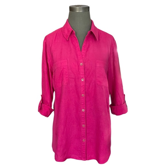 JM Collection Tops - JM COLLECTION Magenta Linen Cotton V-Neck Button Front Shirt Women Blouse Top